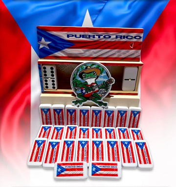 Puerto Rico Dominoes Set - Double Six Resin Tiles with Puerto Rican Flag - Classic Wooden Box Storage - Boricua