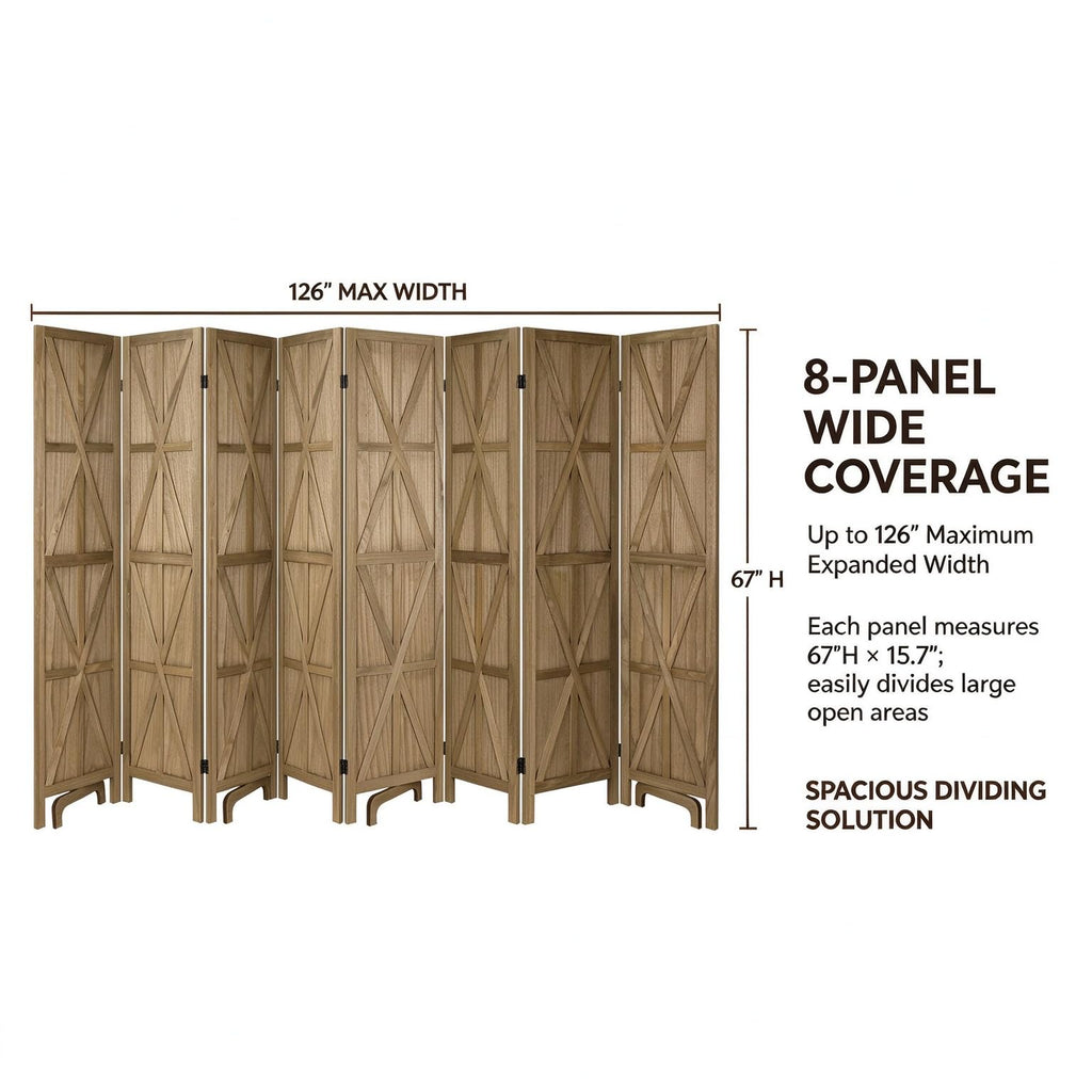 8 Panel Wooden Room Divider, 67" Tall Folding Privacy Screen, Natural