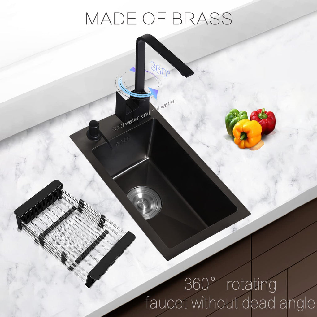 Square Single bowl Kitchen Sink Black Stainless steel with Faucets Undermount 12.5x12.5IN