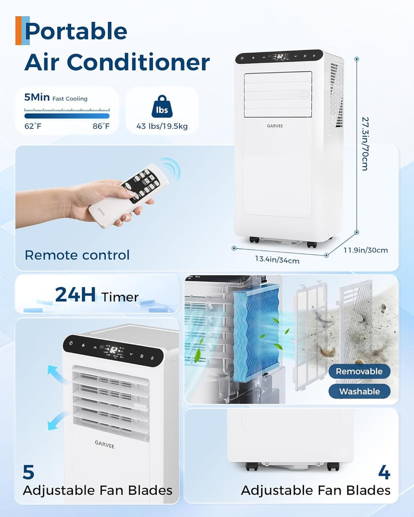 8000 BTUs Portable Air Conditioner,Up to 350 Sq.Ft. Remote Control 48dB Portable AC Unit, Dehumidifier, Fan, Sleep