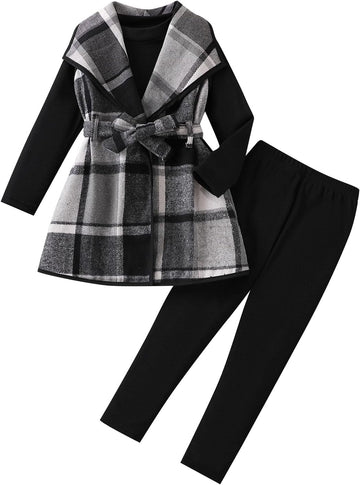 Kid Girls Clothes 3 Piece Outfits Plaid Flannel Belted Vest & Long Sleeve Top and Pants- Fall Clothing Sets