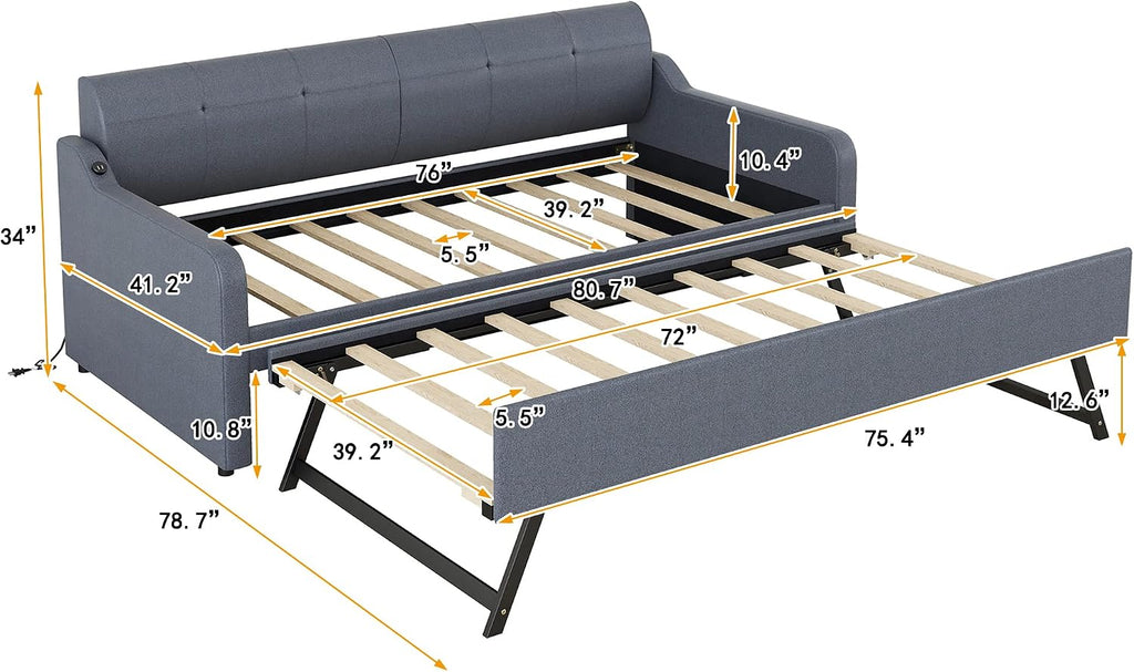 Twin Size Upholstered Daybed with Pop up Trundle,Line Day Bed Frame with Charging Station,Twin to King Daybed, Tufted