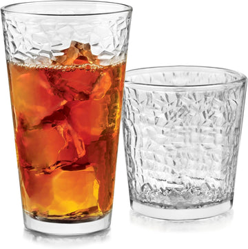 Yucatan Tumbler and Rock Drinking Glasses Set, Textured 16 Piece Glassware Set, All Purpose Glass Cups for Events and