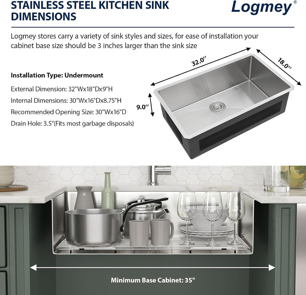 32 Inch Undermount Kitchen Sink | Stainless Steel 16 Gauge Single Bowl Under Counter Handmade Brushed Basin, 32x18x9