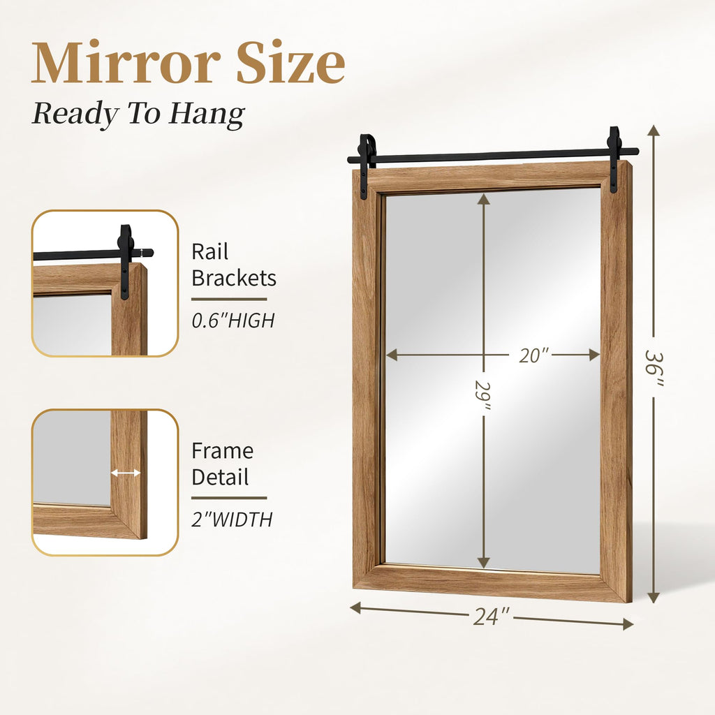 Farmhouse Bathroom Vanity Mirror, 36"x 24" Wood Barn Door Mirror, Light Brown
