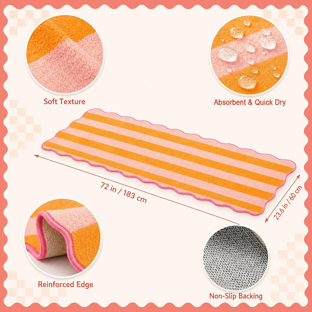 Scalloped Kitchen Runner Rug, Orange Pink Stripe, 2 x 6 Ft