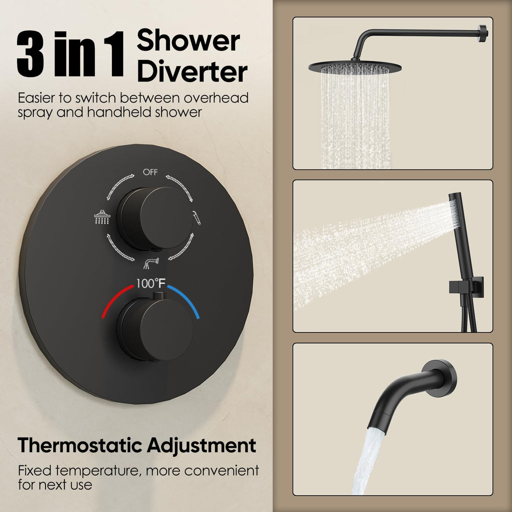10" Thermostatic Shower Faucets Set with Tub Spout, Matte Black