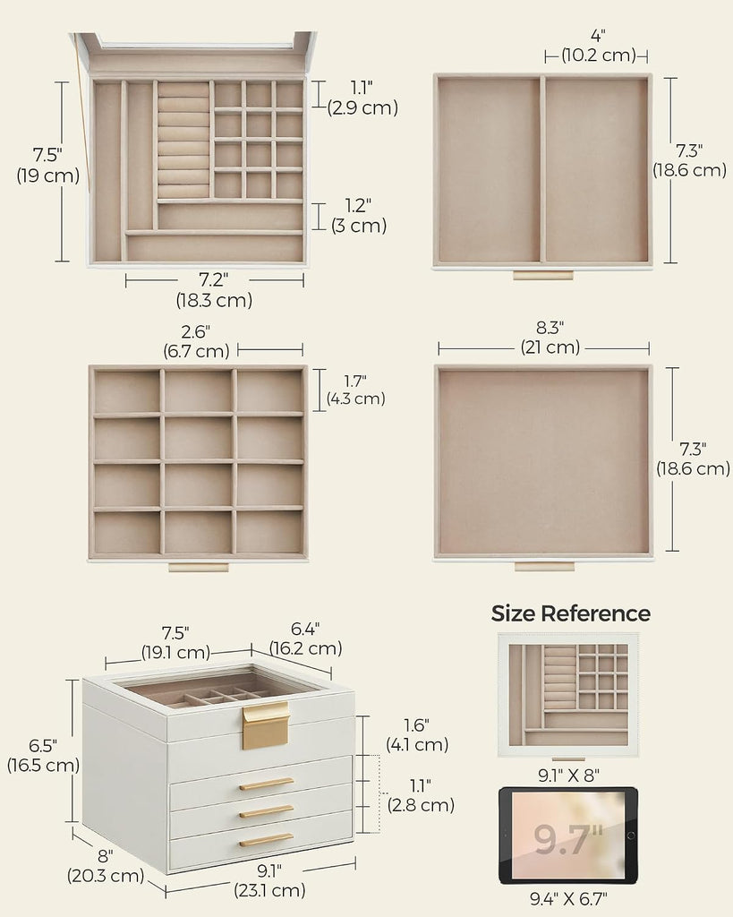 Jewelry Box Organizer, 4-Layer Storage with 3 Drawers, Glass Lid
