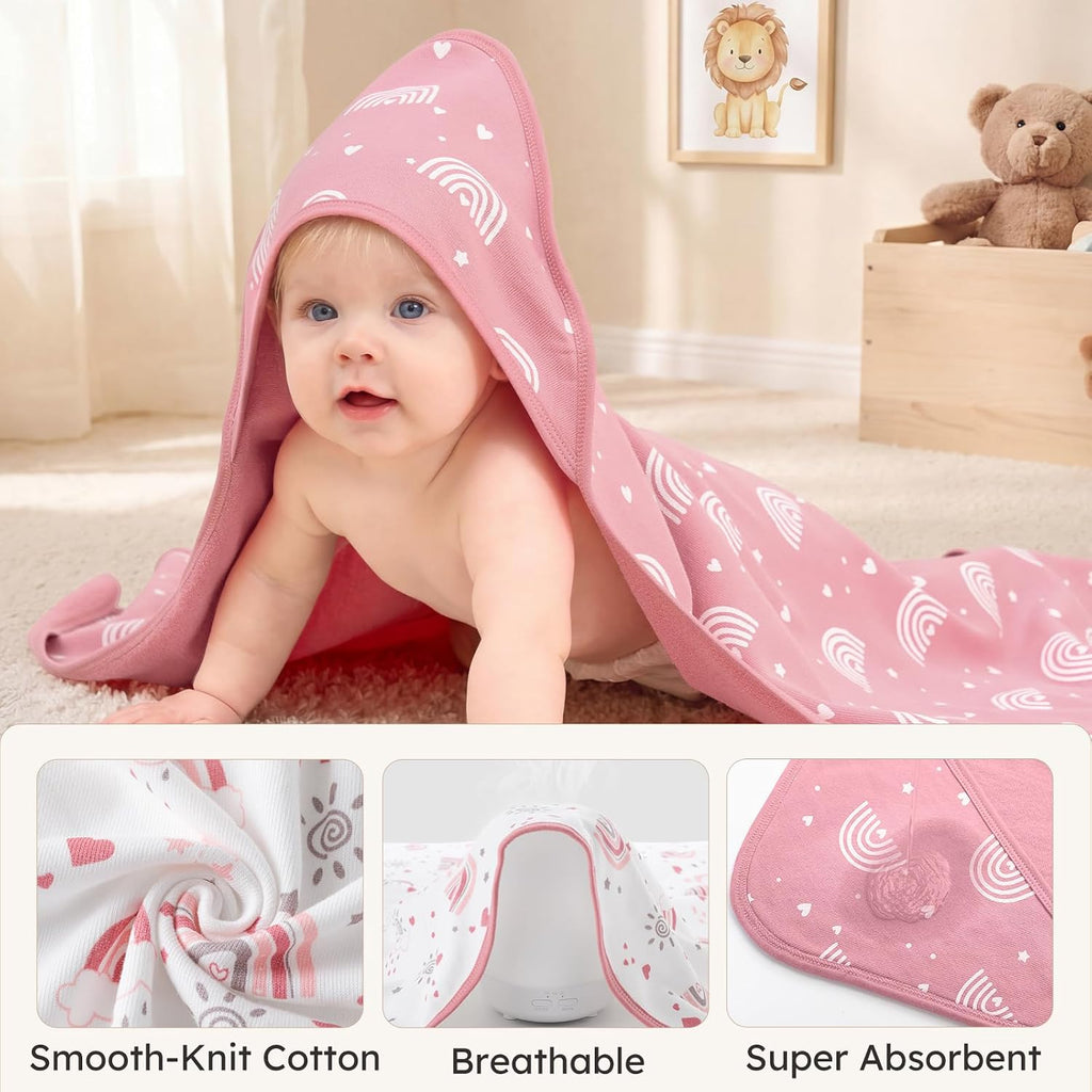 Girl Bath Towels for Newborn, 100% Cotton Hooded Baby Towels for Infant Toddler, 2 Pack Bath Towels with Hood