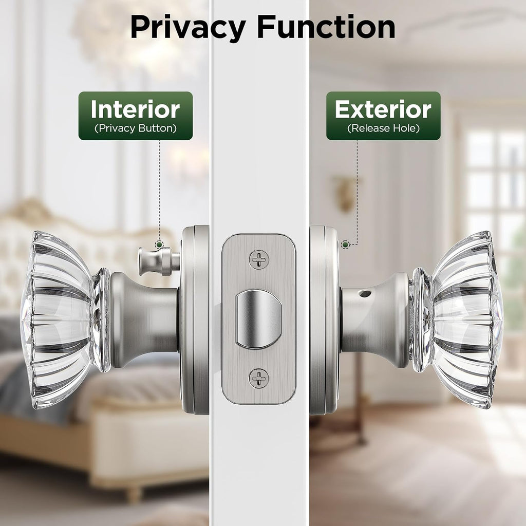 1 Pack Crystal Door Knob, Rosette Shaped Glass Door Knobs Interior with Lock, Satin Nickel Door Knobs Interior Glass