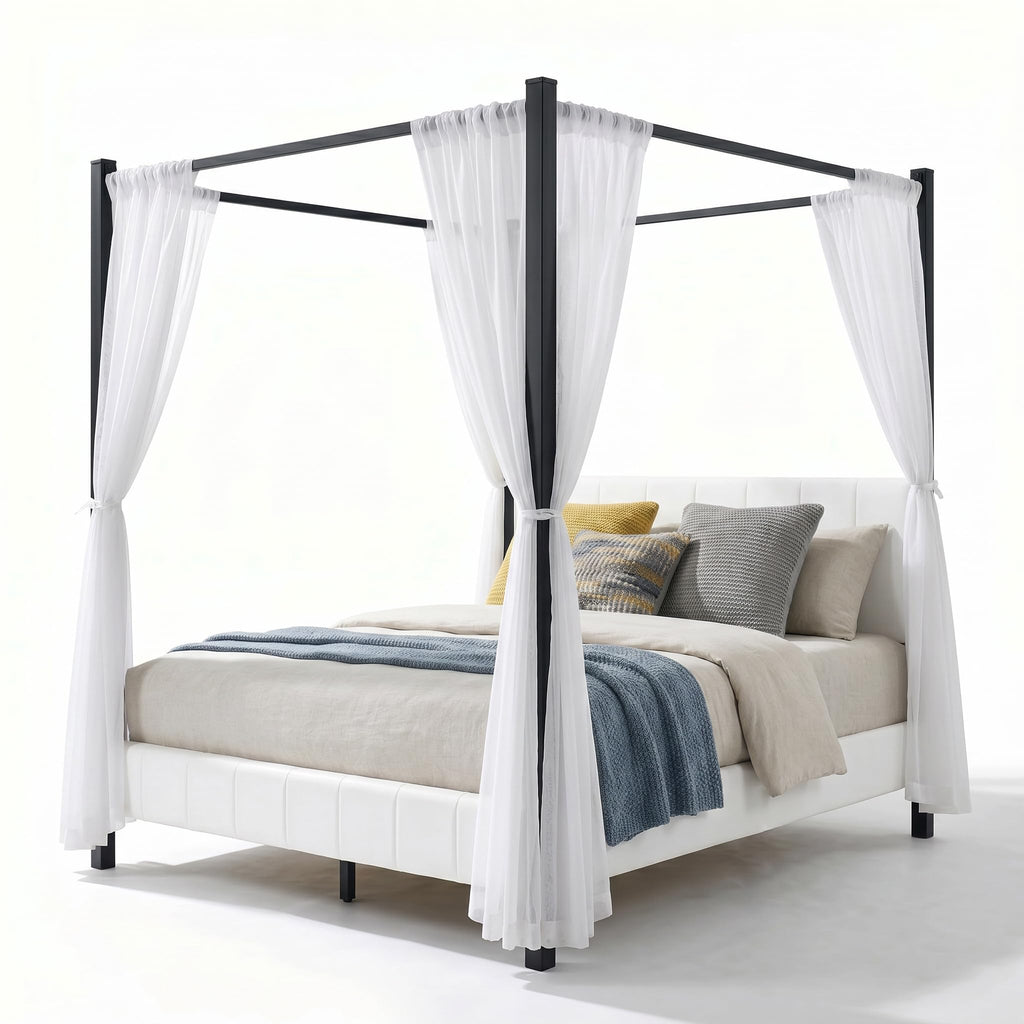 Queen Size Upholstered Canopy Bed Frame, Modern Luxury Channel-Tufted Headboard and Footboard, Platform Bed with 4