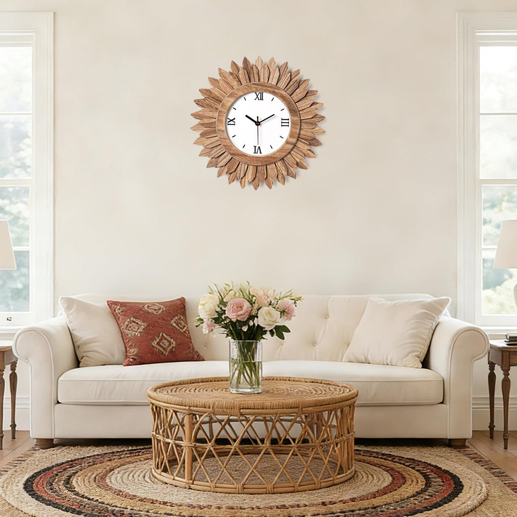 14 Inch Wall Clock Battery Operated Silent Non Ticking Rustic Wood Boho Sunburst Decorative Wall Clocks Kitchen