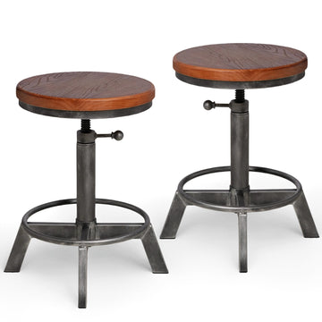Set of 2-Industrial Bar Stool-Rustic Counter Height Chairs Island-Farmhouse Swivel Wooden Seat- Adjustable 17.7-24inch