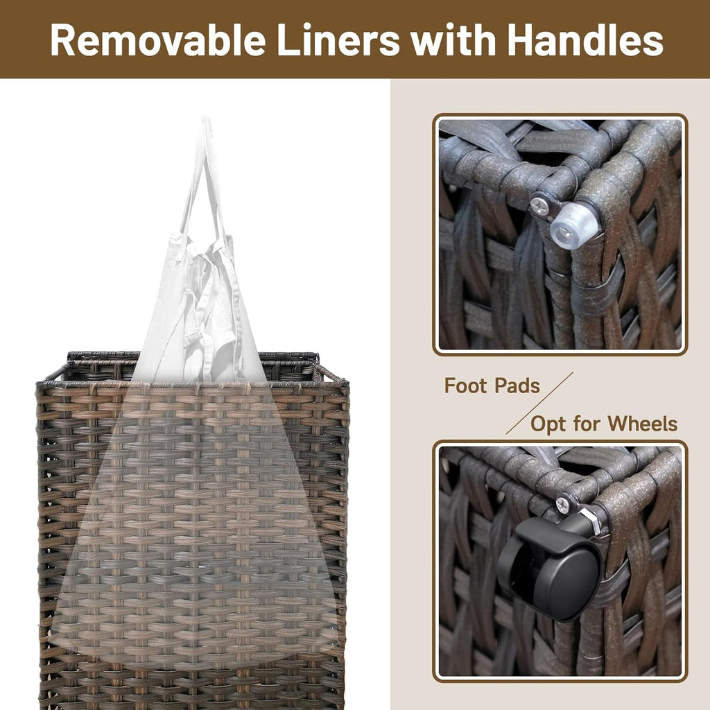 70L Slim Laundry Hamper with Lid & Wheels, Rolling Laundry Basket with 2 Removable Liner Bags & 3 Mesh Bags, Narrow