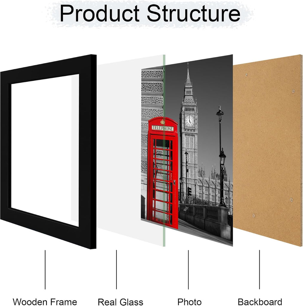 8x10 Picture Frame Set of 6, Black Frame with High Definition Real Glass, 8 x 10 Wood Photo Frames for Tabletop