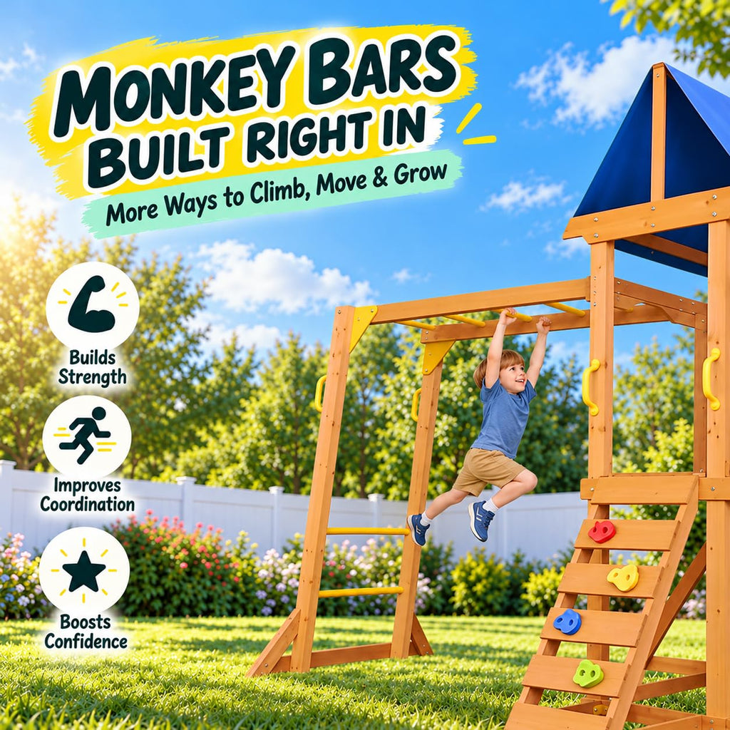 Wooden Swing Sets for Backyard with Monkey Bar, Outdoor Playset for Age 3-6