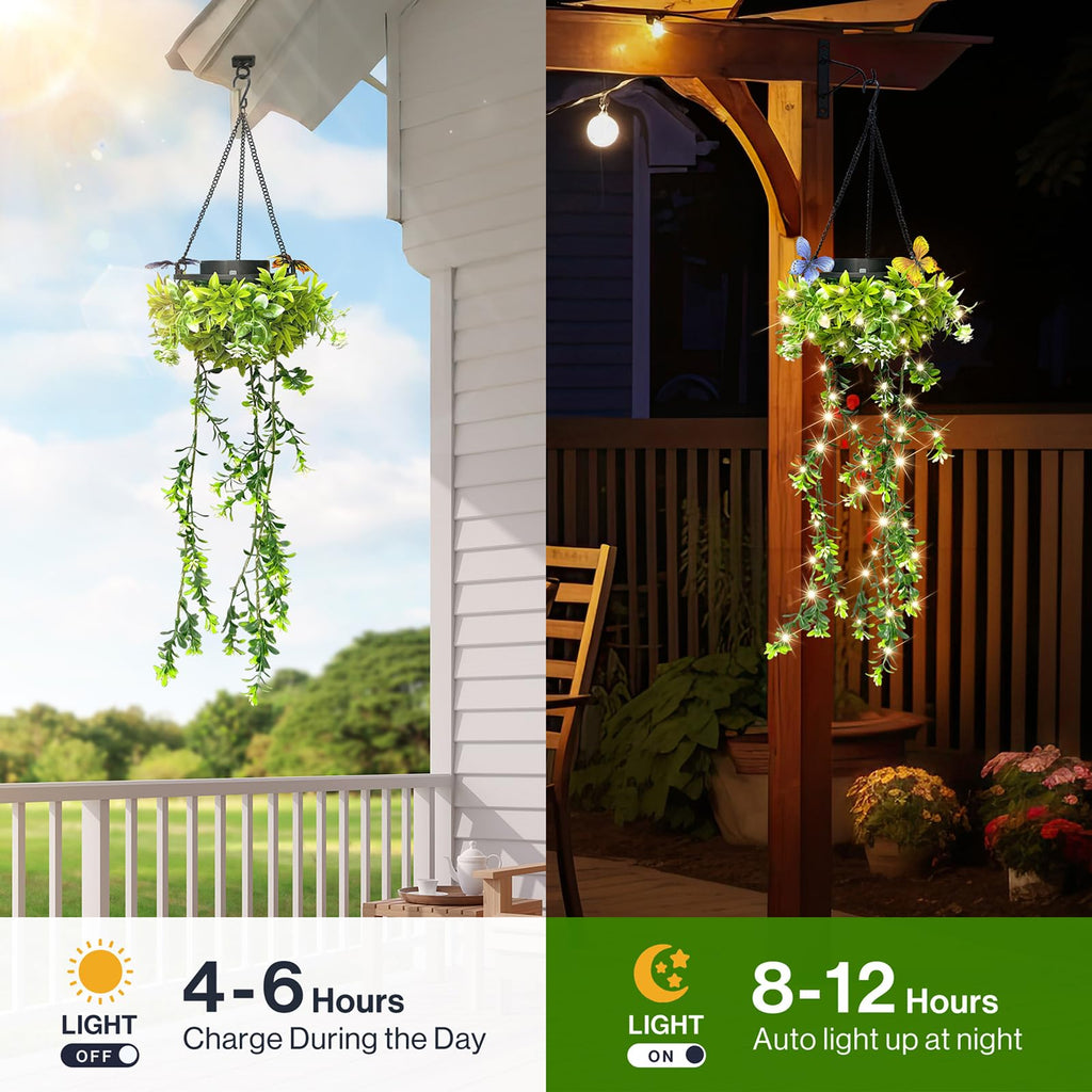 Solar Hanging Garden Lights, 4 Pack 66 LED Outdoor Lights with Realistic Milan Grass & White Flowers, IP65 Waterproof