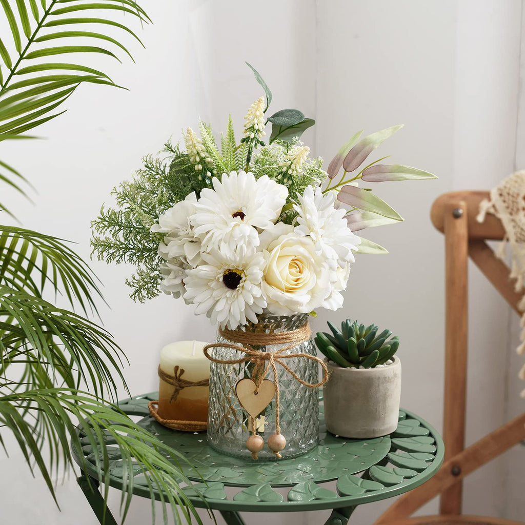 Artificial White Flowers with Vase, Fake Flowers Arrangement Decor, Faux Flowers for Farmhouse Coffee Table Decor