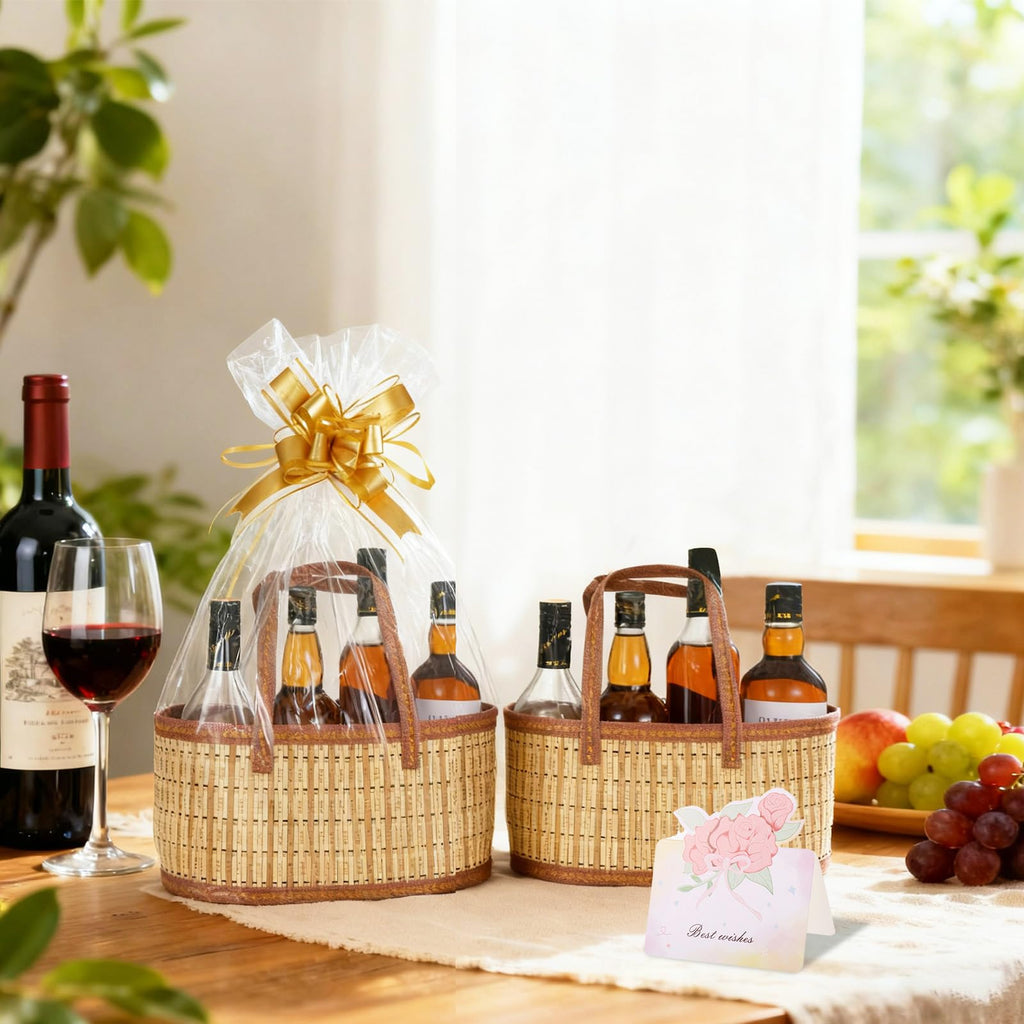4 Set Baskets for Gifts Empty, Large Gift Empty Bamboo Basket with Handles, Foldable Woven Gift Basket with Wrap