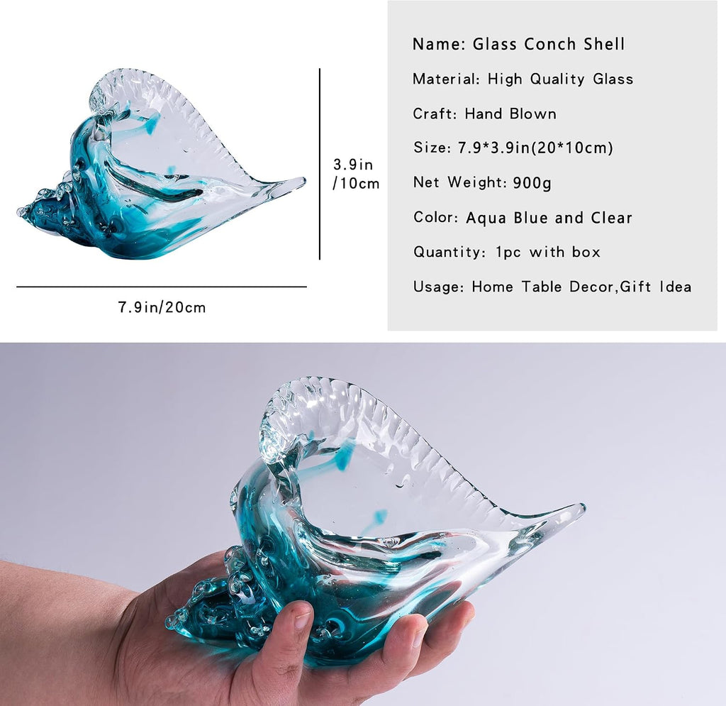 8" Blown Glass Conch Shell, Large Blue Glass Seashells Sculpture Table Centerpiece, Coastal Ocean Beach Themed Room