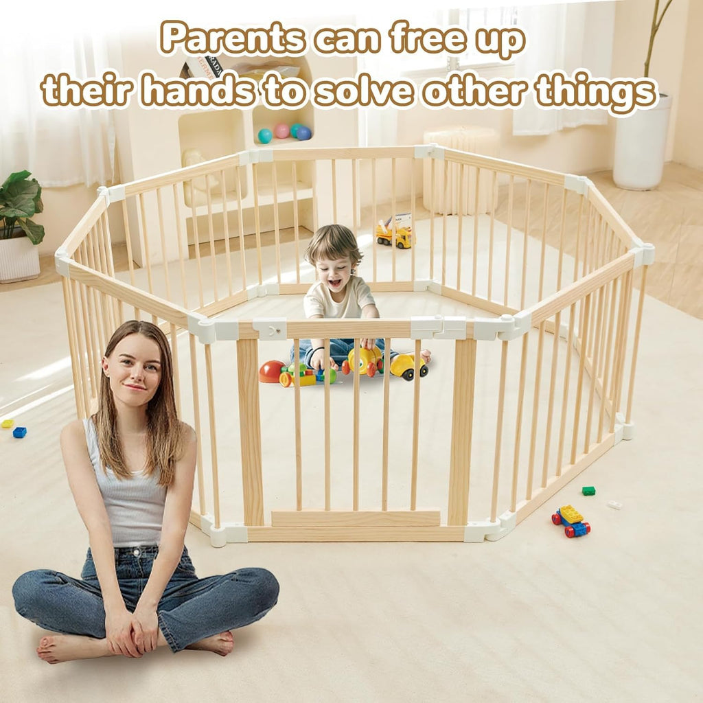 Baby Playpen, Playpen for Babies and Toddlers, Foldable Wooden Play Yard with Wall connectors, Adjustable Baby