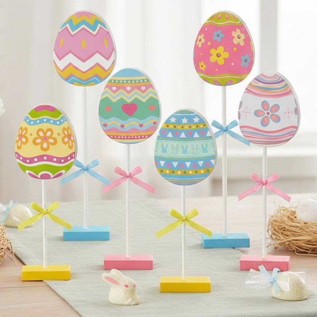 Easter Table Decorations Eggs Wooden Sign Set Spring Tall Standing Sign Colorful Table Centerpiece Bunny Floral - Set of 6