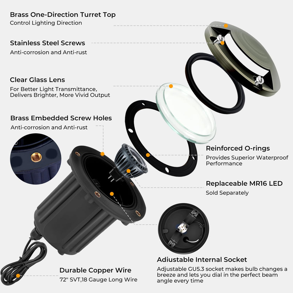 Brass Well Lights Outdoor 12V LED Low Voltage Landscape In Ground Light Waterproof Up Lighting Fixture, Bronze Accent