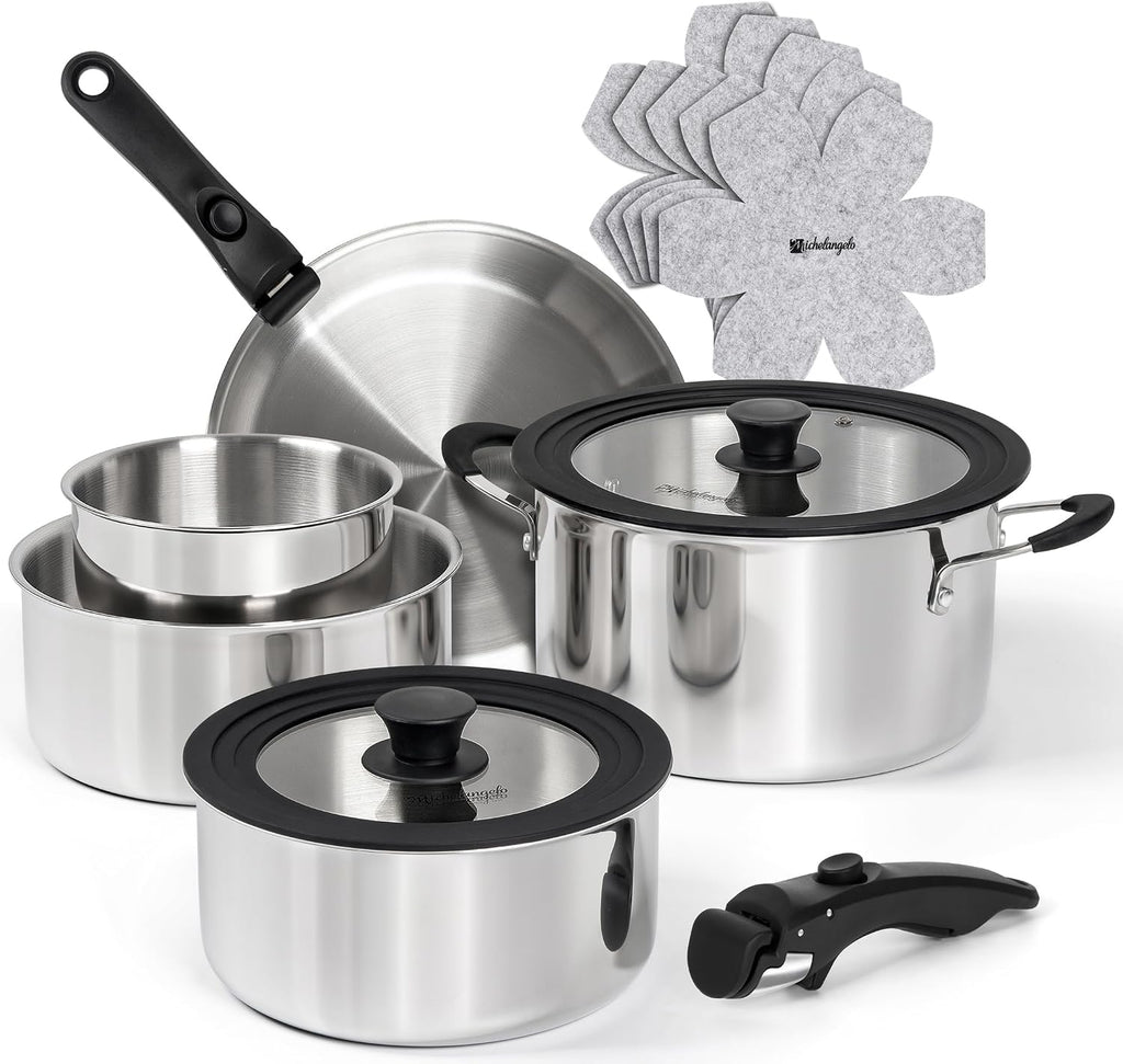 14pcs Tri-Ply Stainless Steel Cookware Set with Detachable Handles, Stackable Pots and Pans Set for RVs, Small