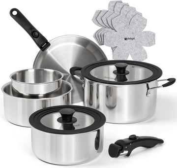 14pcs Tri-Ply Stainless Steel Cookware Set with Detachable Handles, Stackable Pots and Pans Set for RVs, Small