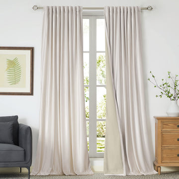100% Blackout Ivory Off White Velvet Curtains 108 inch Long, Set of 2 Panels Liner Rod Pocket Back Tab Thermal Window