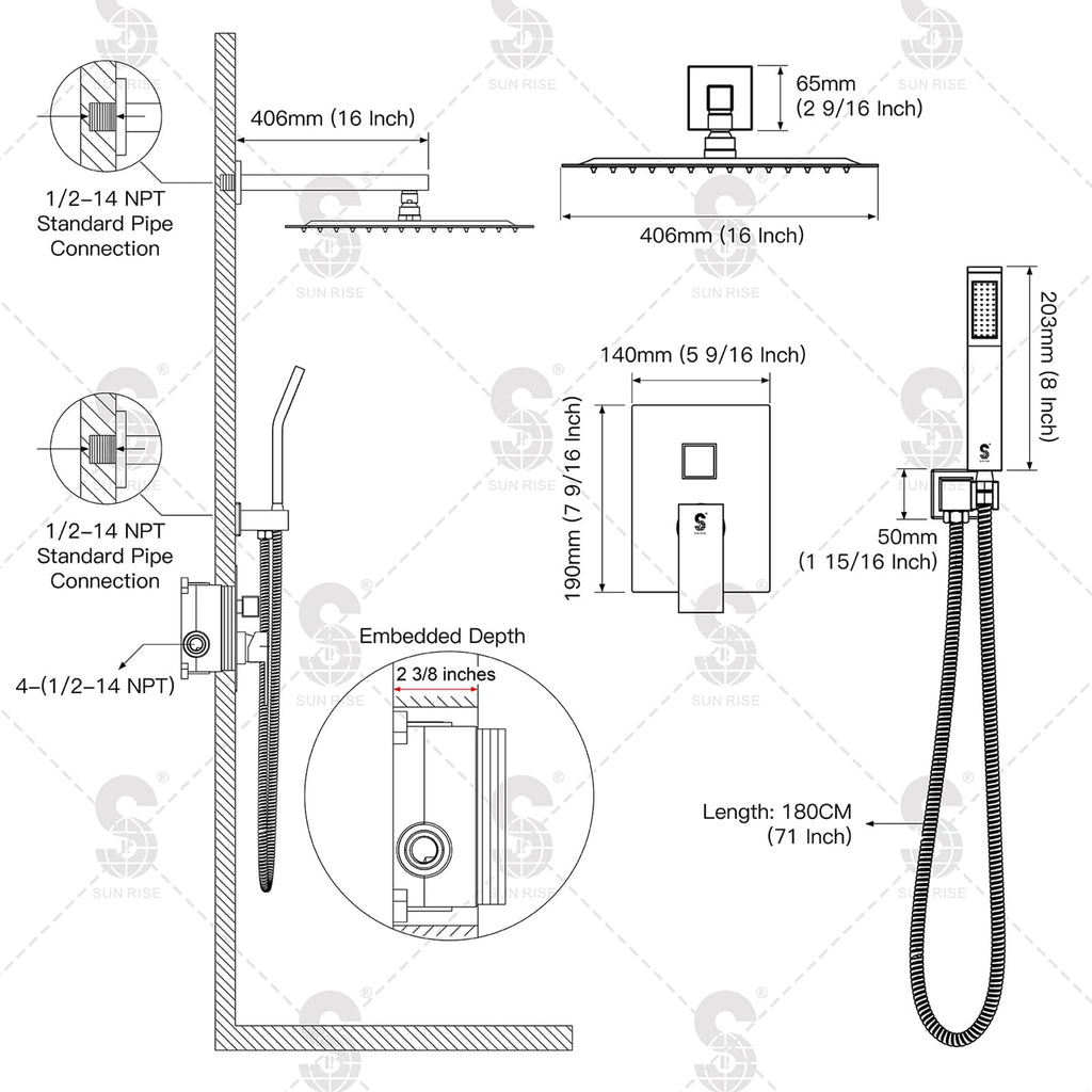 Shower Faucet Set 16-Inch Rainfall Shower Head Matte Black