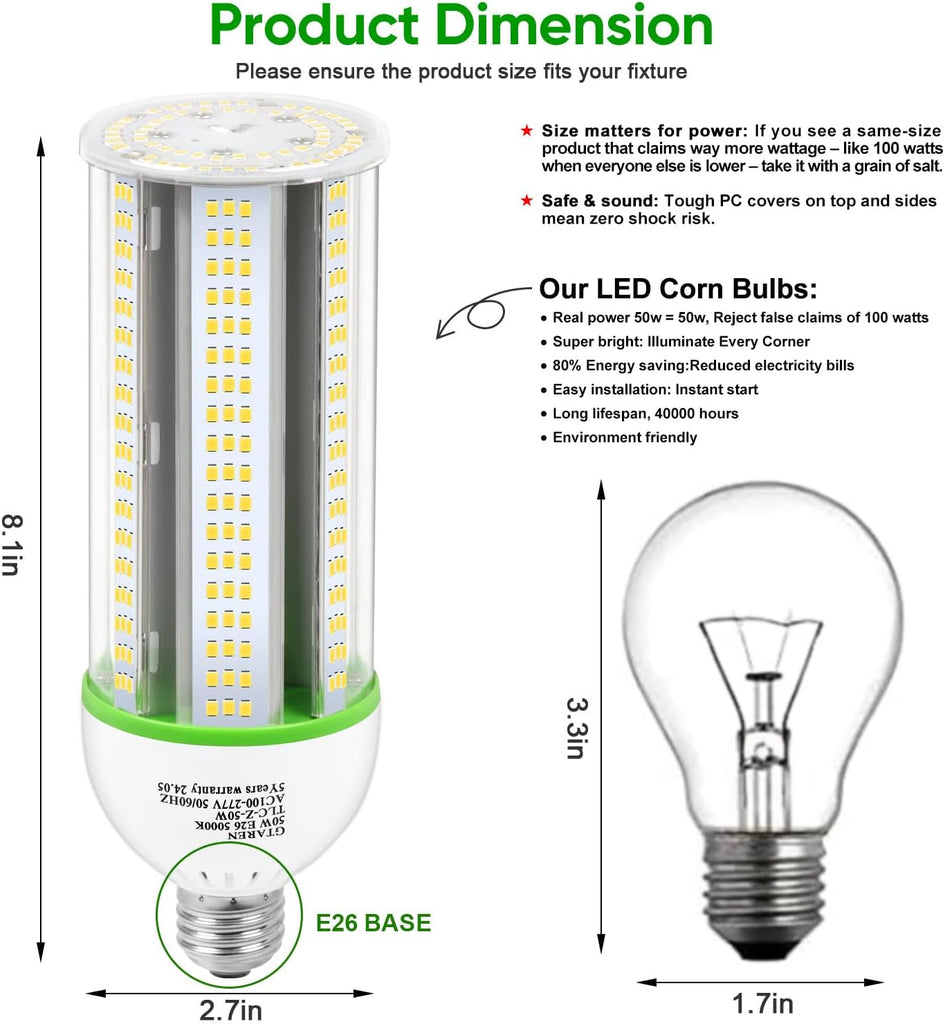 50W LED Corn Cob Light Bulb, 500W Equivalent, 5000K Daylight, E26/E39 Base, 7000 Lumens - Replace 175W MH/CFL