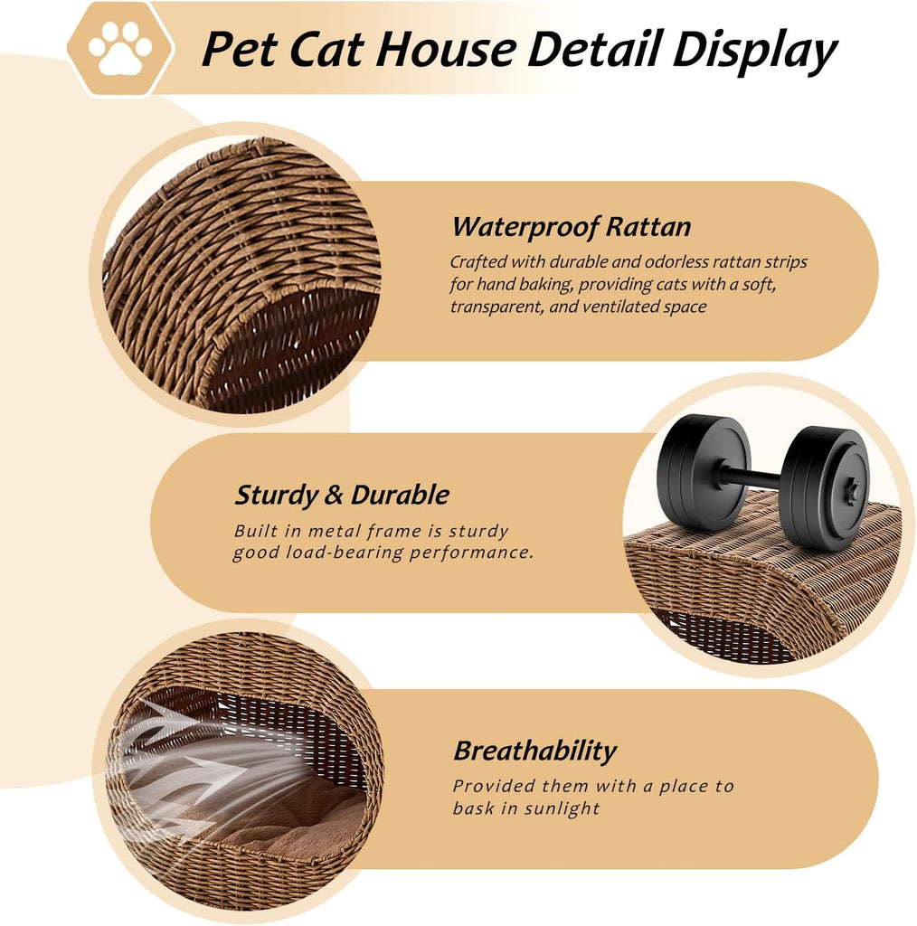 Cat House, Handwoven Cat Cave Pet Cube, Rattan Cat Beds Indoor Kitten House with Double-Sided Soft Cushions, Pet Cat