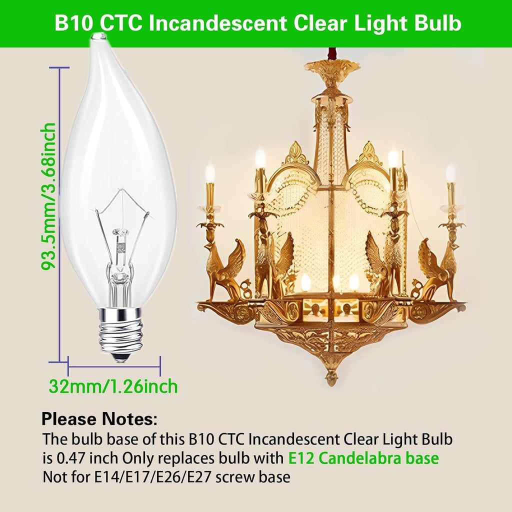 E12 Candle Light Bulbs, 60W Candelabra Light Bulbs, B10 Clear Candle Base Bulb with Warm White 2700K, 600 Lumen