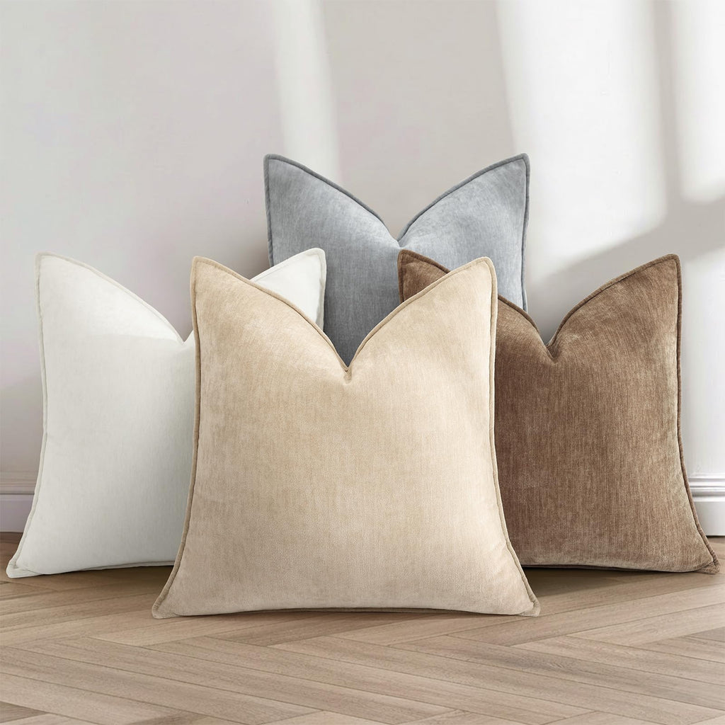 Chenille Cream White Velvet Throw Pillow Covers 20x20 Set of 2