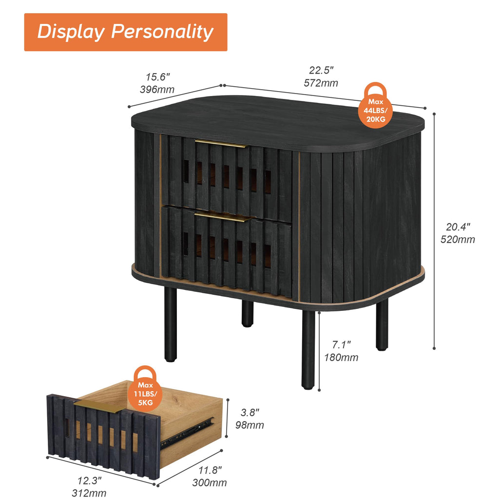 Fluted Nightstand, Modern Wooden End Table with 2 Drawer, Storage Bedside Table, Black, 2 Pack