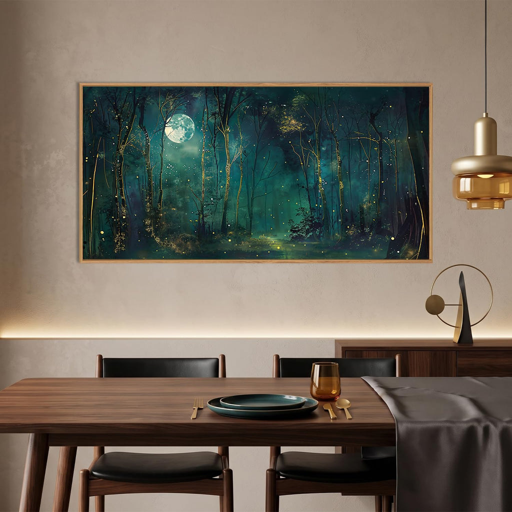 Mystical Dark Green Night Sky Framed Canvas Wall Art Set, Moody Magical Midnight Moon Star Forest Landscape Wall