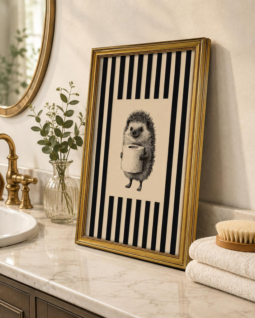 Gold Framed Wall Art, Funny Bathroom Hedgehog Canvas Prints, Vintage Hedgehog Holding Toilet Roll Picture Wall Decor