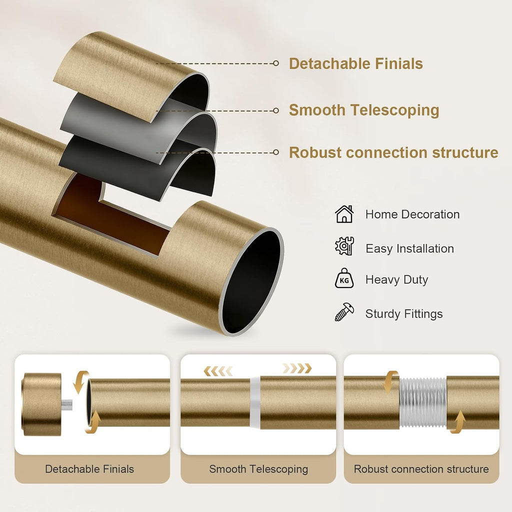 Warm Gold Brass Curtain Rod 36-144 Inches Adjustable, 1" Diameter Heavy Duty Window Rod with Solid Aluminum Finials &