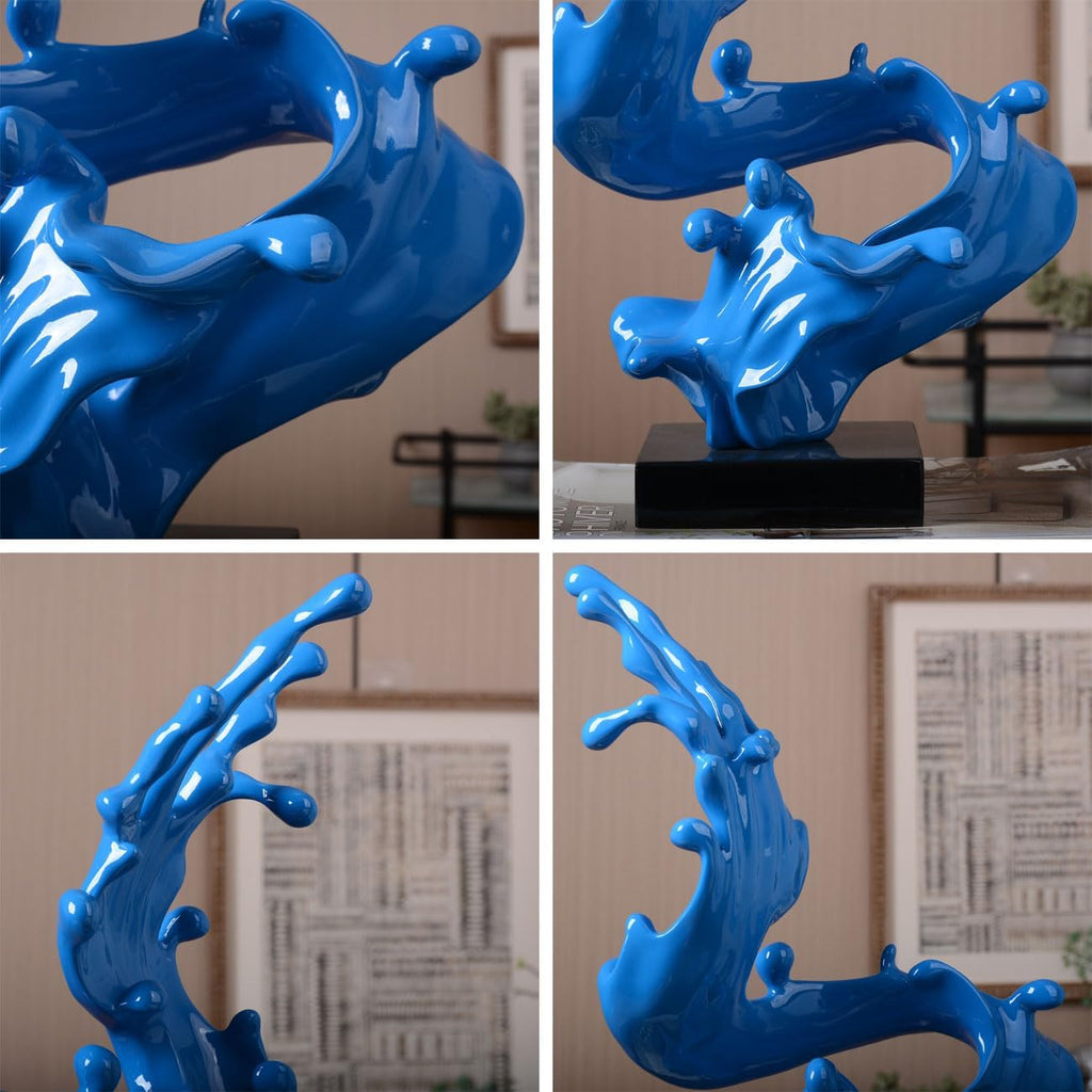 Modern Sculpture Abstract Sea Wave Figurine Home Art Decor 16.1Inch | Blue Resin Handmade Statue with Black Base