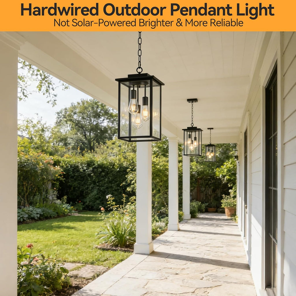 Outdoor Pendant Light Fixture E26 3-Light Modern Black Metal Outside Chandelier Exterior Hanging Fixture Ceiling