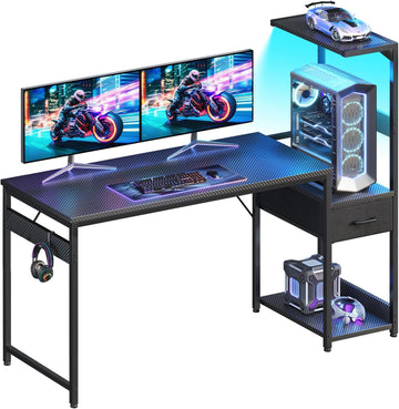 54'' Gaming Desk with LED Lights & CPU Stand, Reversible Computer Desk with Storage Shelves & Fabric Drawer, Modern