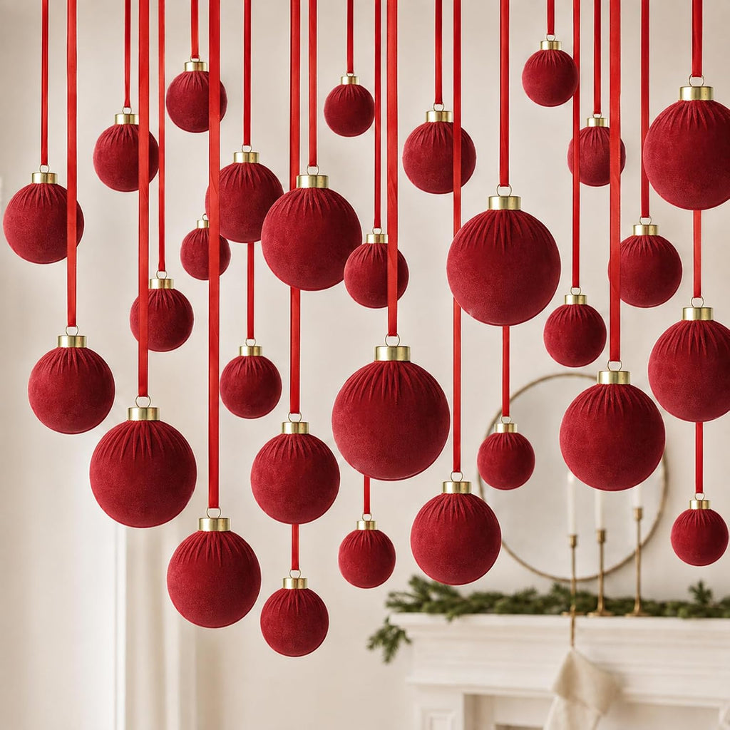 Velvet Christmas Balls Bulk, Flocked Christmas Tree Ornaments(Red) - Set of 48