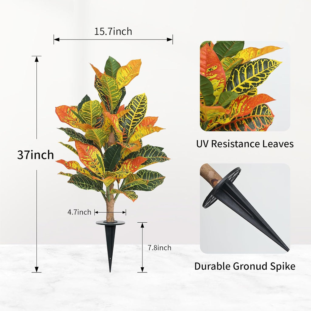 UV-Resistance 35inch Artificial Croton Plant, 2 Pack Fake Croton with Ground Spike, Faux Fiddle Leaf Fig Tree Home - Set of 2