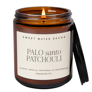 Palo Santo Patchouli Candle, 9oz Amber Glass Jar, Soy Wax