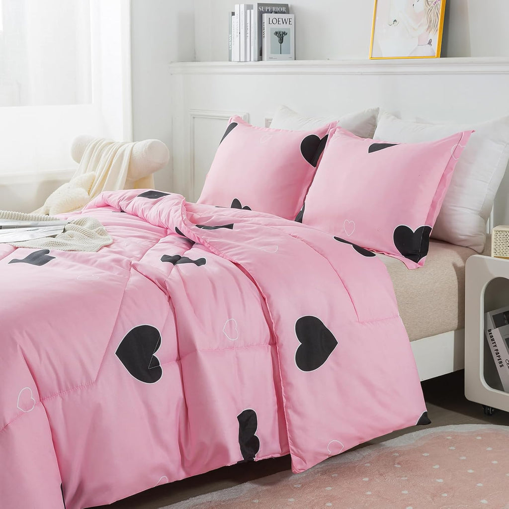 Girls Pink Comforter Set Twin - Blush Pink Cute Love Heart Print Comforter Bedding Set for All Seasons, Geometric