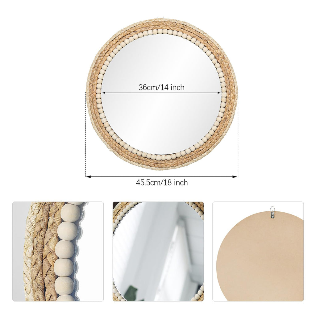 18 Inch Boho Round Hanging Wall Mirror Decorative Rattan Circle Mirrors for Farmhouse, Living Room, Bedroom