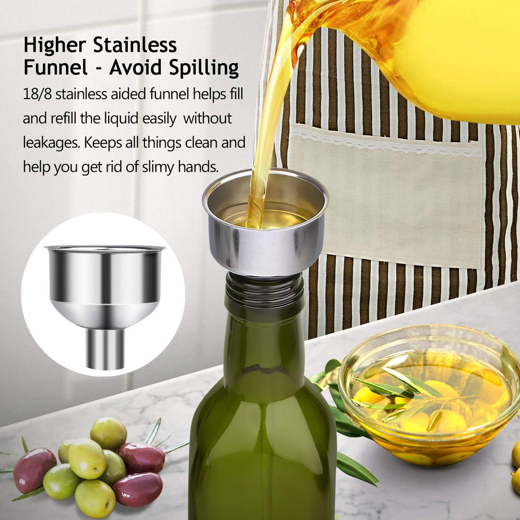 17 oz Glass Olive Oil Dispenser Bottle Set - 500ml Dark Green Oil & Vinegar Cruet Bottle with Pourers, Funnel - Set of 2