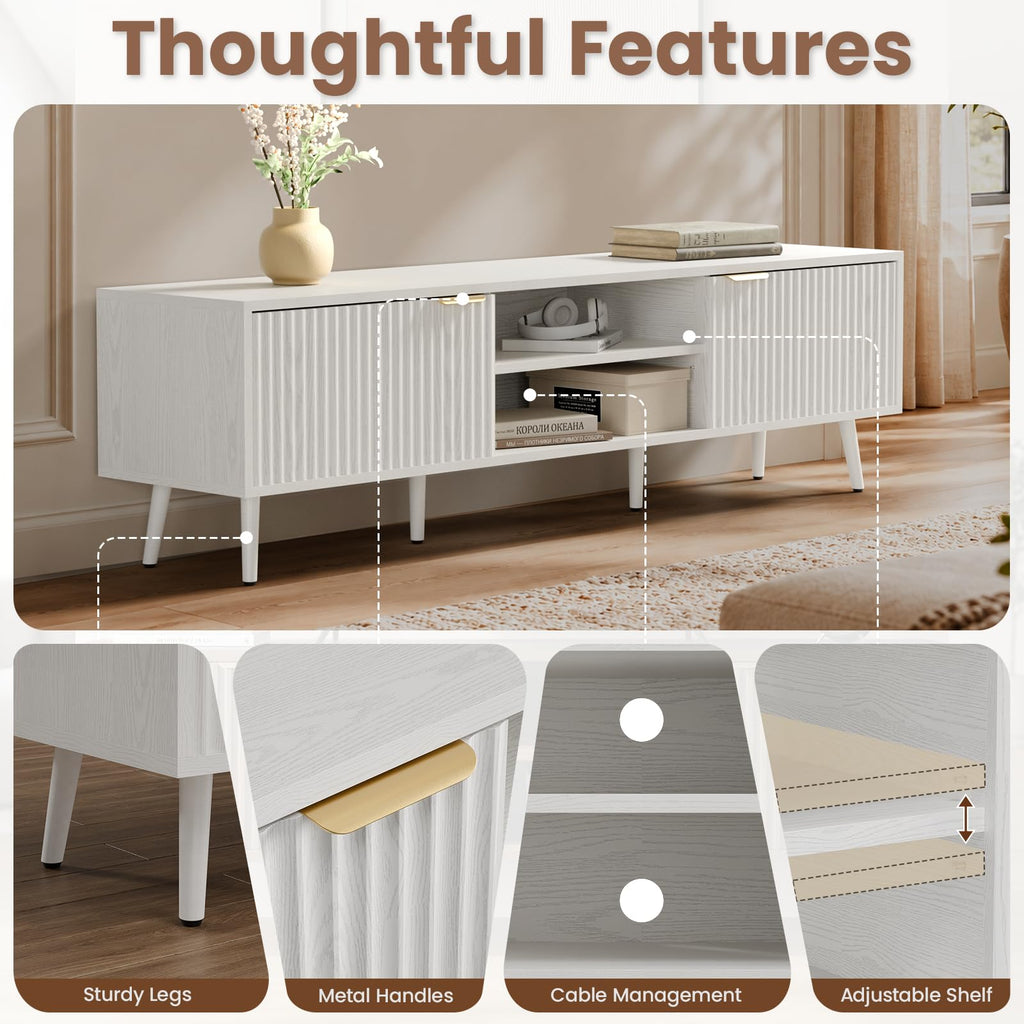 70" TV Stand for TVs up to 65 Inches, Mid Century Modern TV Console with Fluted Doors, Adjustable Shelf & Cable