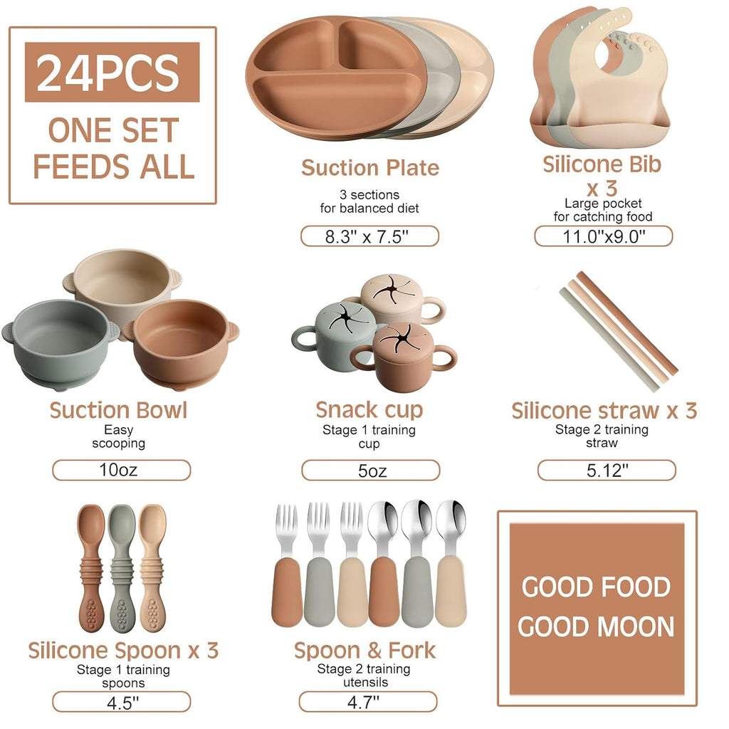 24 Pack Silicone Baby Feeding Set Baby LED Weaning Set, Neutral